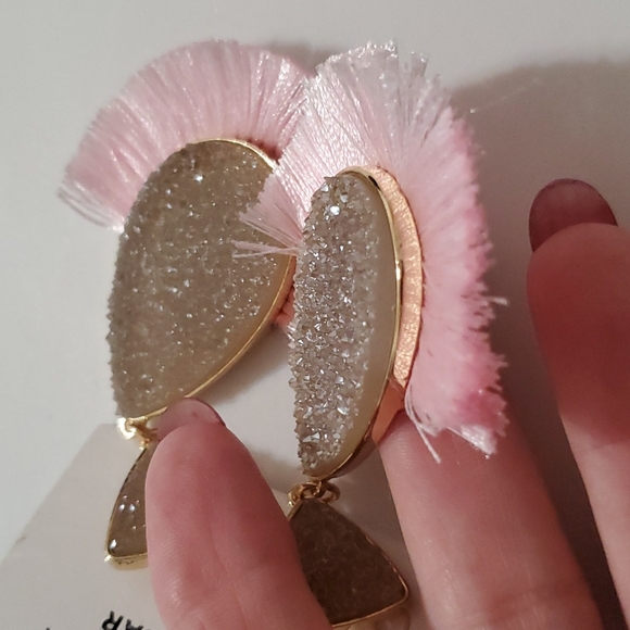 SUGARFIX  BaubleBar gray druzy teardrop pierced earrings with pink fringe - Picture 5 of 6